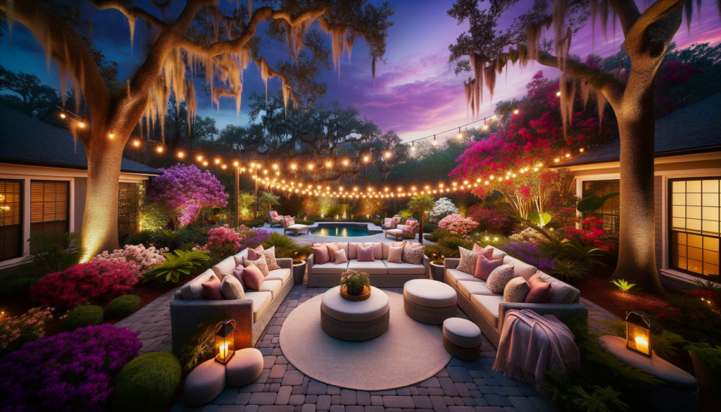 An inviting Ocala backyard at dusk, adorned with string lights, cozy seating, and vibrant plants.