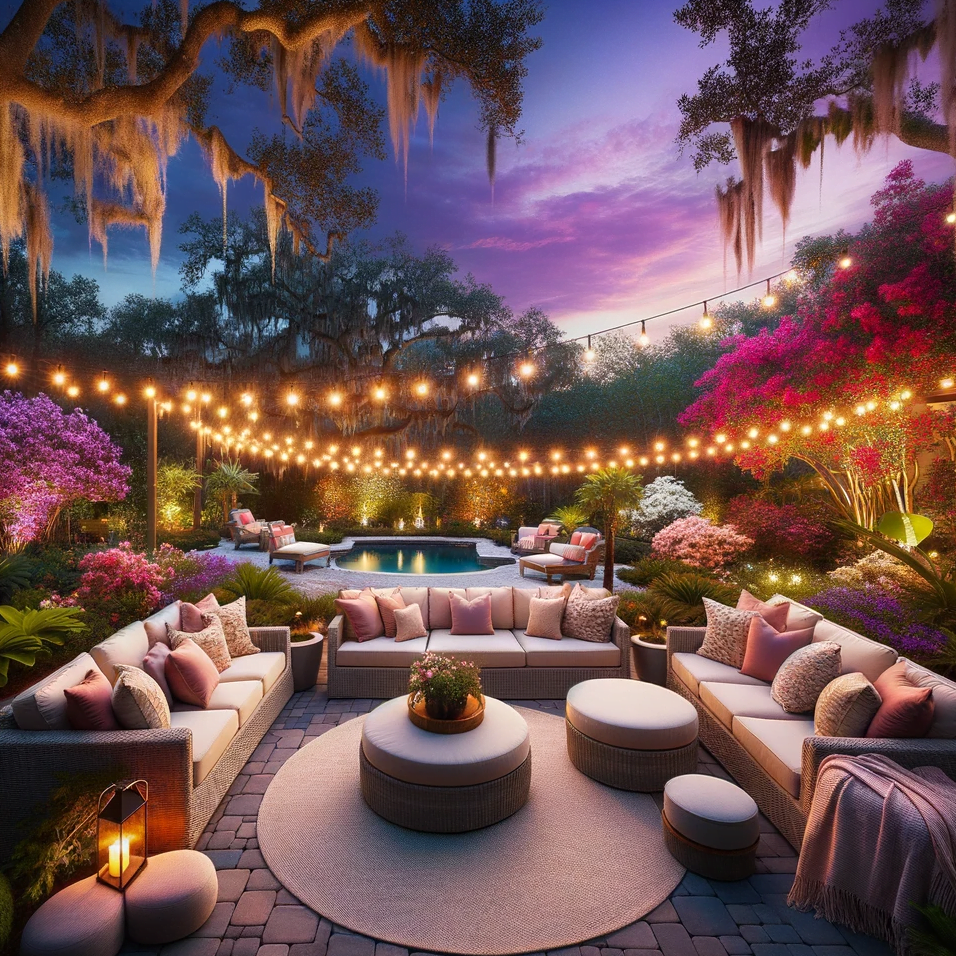 An inviting Ocala backyard at dusk, adorned with string lights, cozy seating, and vibrant plants.